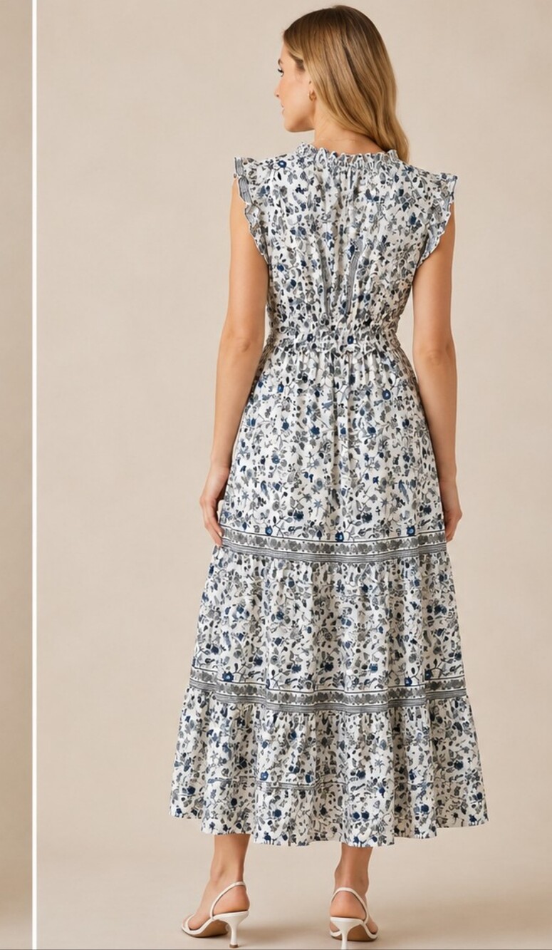 White Midi Dress with Blue Floral Print(M) - Picture 5 of 5